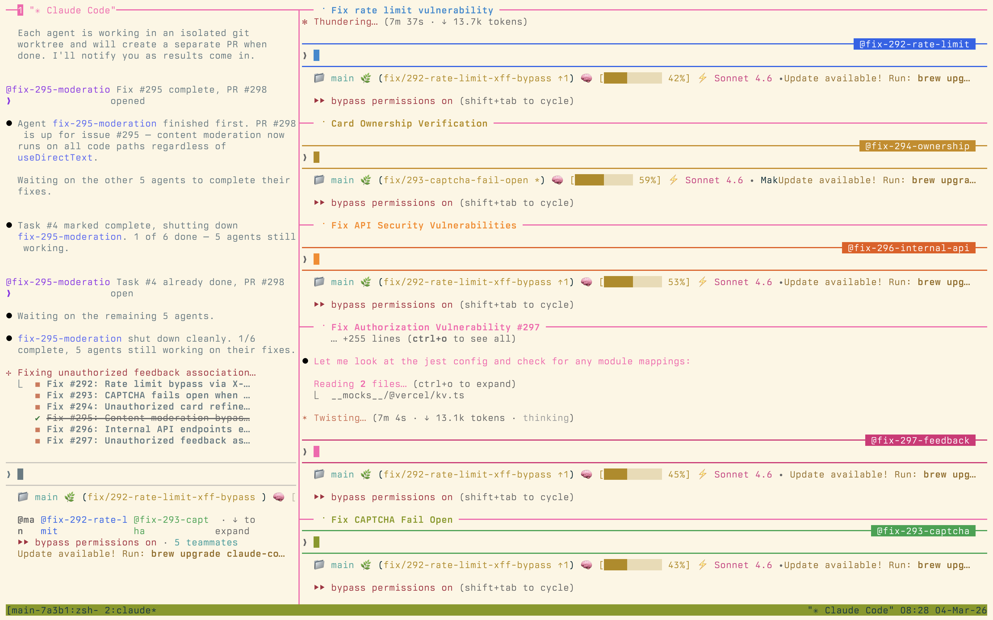 Claude Code agents running in parallel across tmux panes, each fixing a different security issue